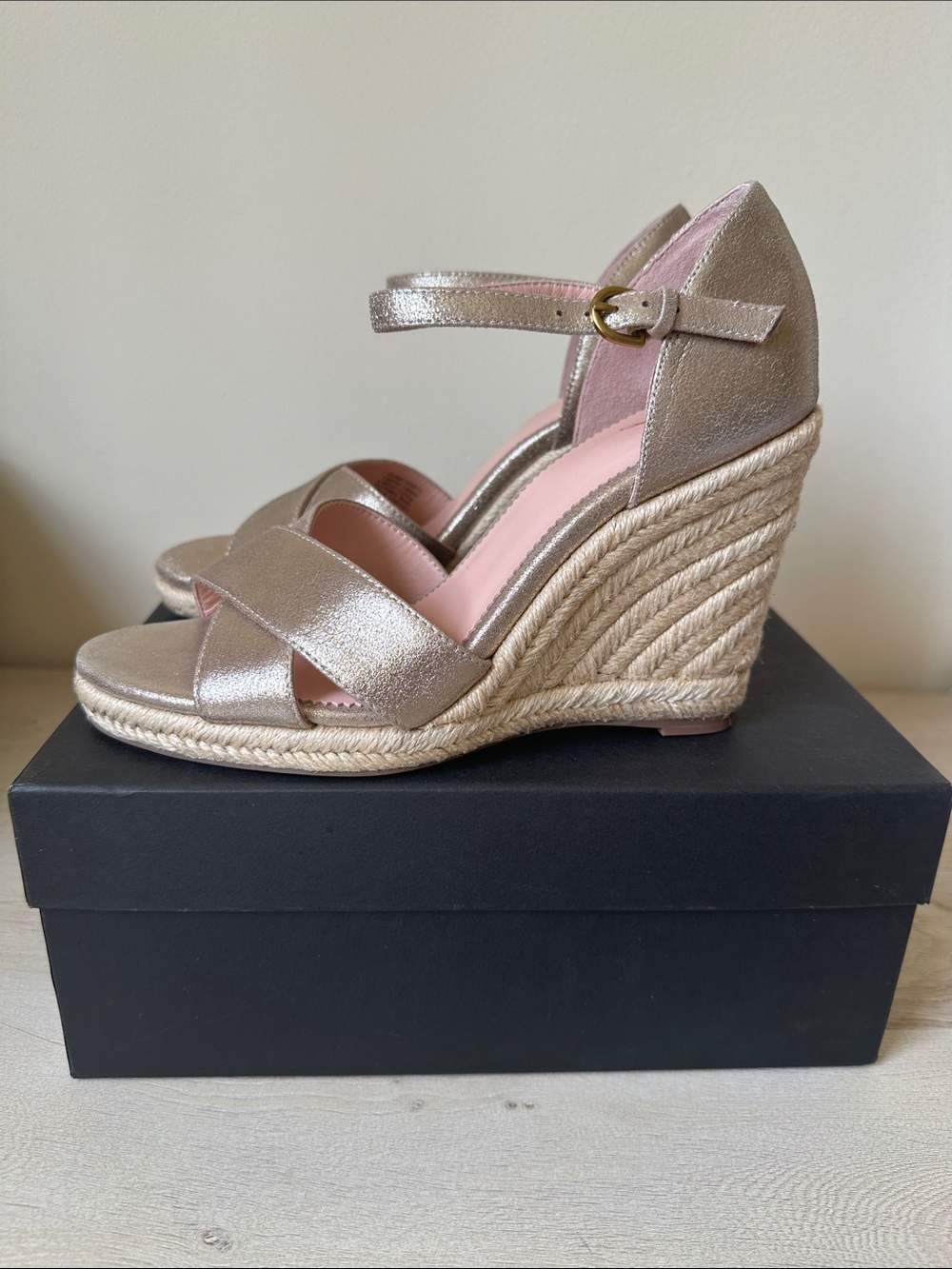 J. Crew Metallic Gold Espadrille Wedge Sandals with Ankle Strap